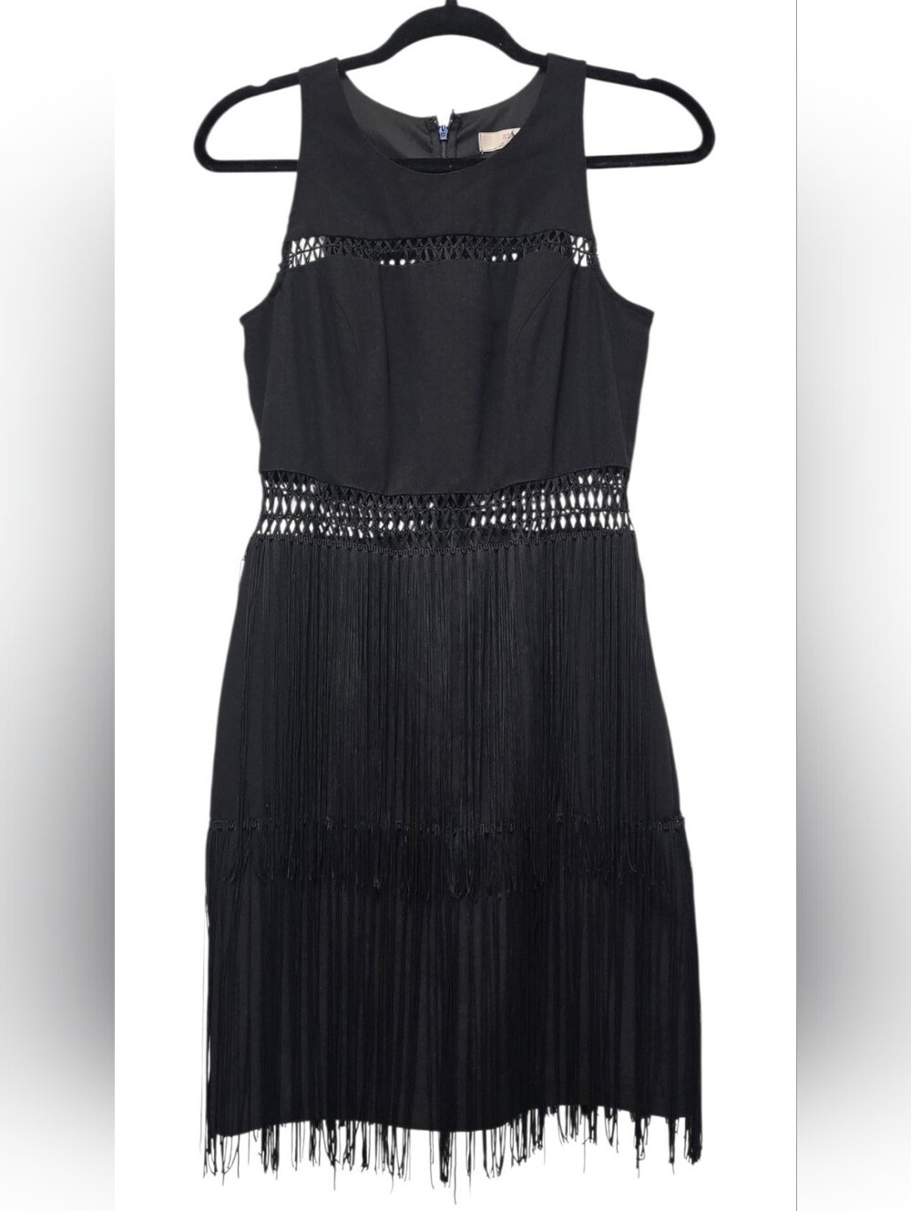 Aidan Mattox Black Crochet Lattice Fringe Tiered Sleeveless Cocktail Dress 6